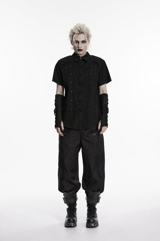 Black Lapel Collar Short Sleeves Studded Men's Punk Skull Handsome Cool Shirt