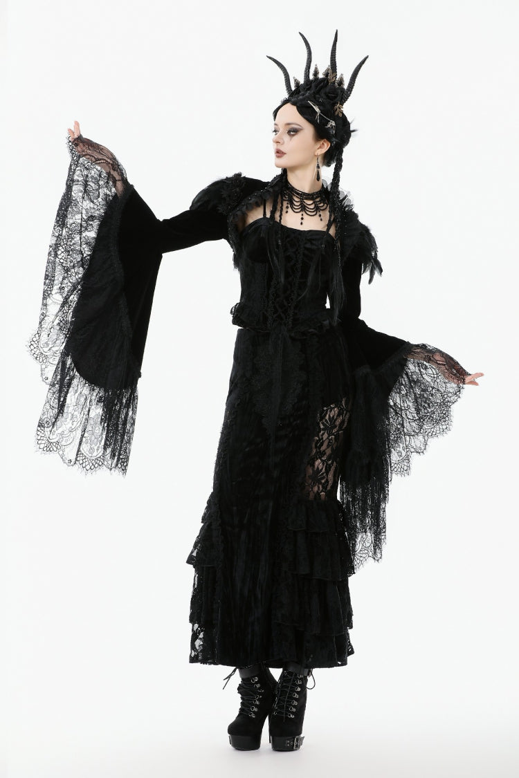 Black Lace Spliced Velvet Long Flared Sleeves Floral Feather Women's Gothic Cape