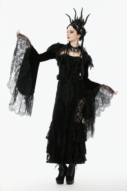 Black Lace Spliced Velvet Long Flared Sleeves Floral Feather Women's Gothic Cape