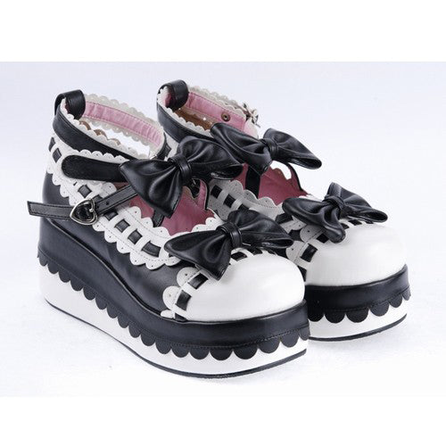 Black & White Romantic PU Round Toe Ankle Straps Bow Decoration Platform Lolita Shoes