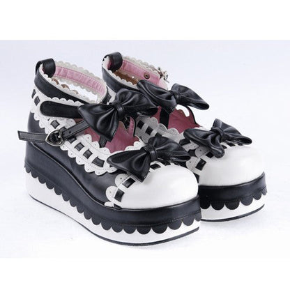 Black & White Romantic PU Round Toe Ankle Straps Bow Decoration Platform Lolita Shoes