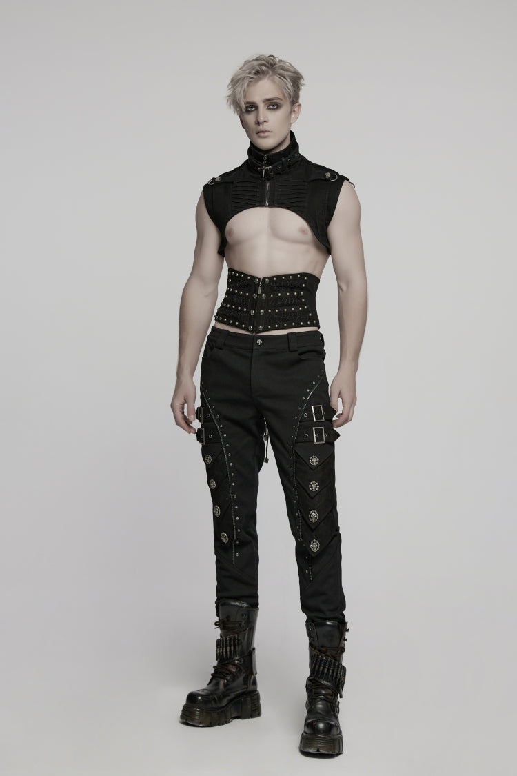 Black Lace-Up Slim Ripped Studded Zippered Women's Punk Corset