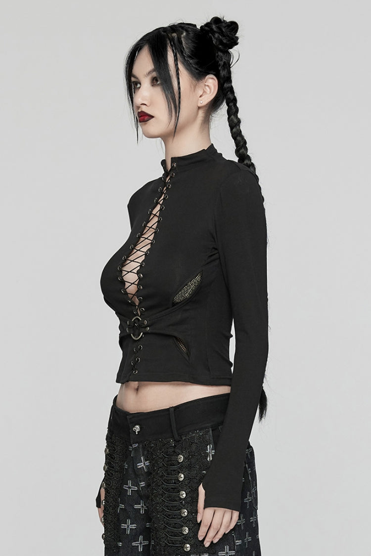 Black Long Sleeves Stitching Lace-Up Mesh Women's Punk Blouse