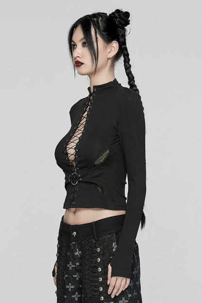 Black Long Sleeves Stitching Lace-Up Mesh Women's Punk Blouse