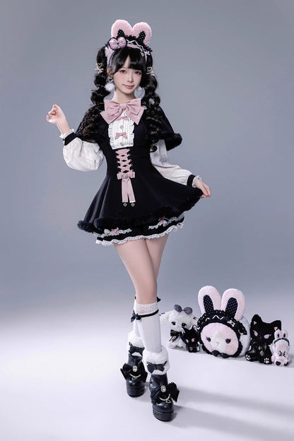 Black Long Sleeves Ruffle Bowknot Lace-Up Japanese Jirai Kei Dress Shorts Plush Set