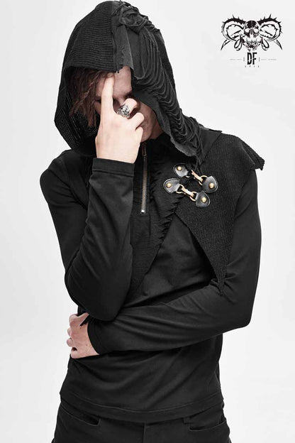 Black Long Sleeves Asymmetric Tatters Strip Leather Metal Loop Hooded Men's Punk T-Shirt