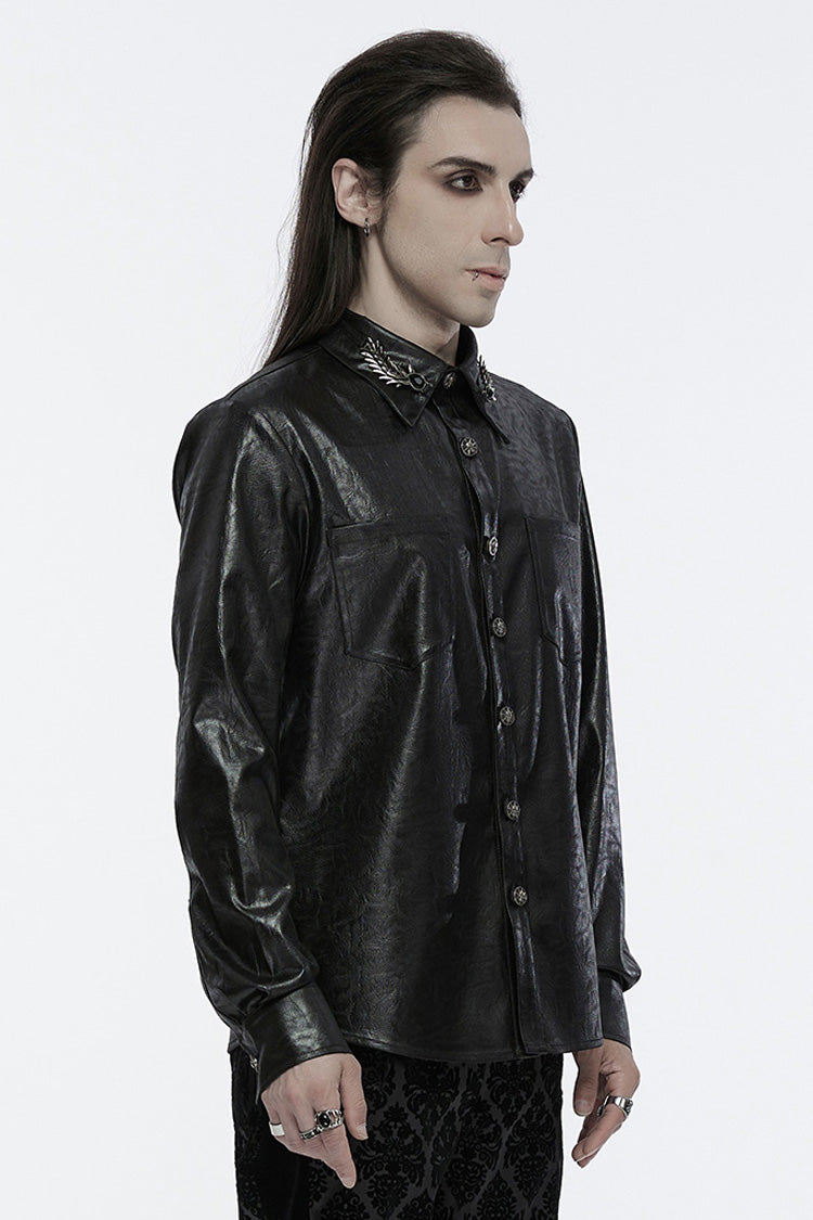 Black Lapel Collar Long Sleeves Buckle Skull Metal Men's Gothic Blouse