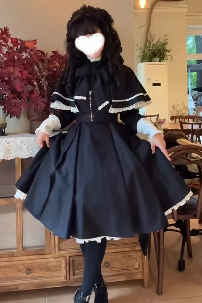Black Long Sleeves Ruffled Bow Maid Gothic Lolita Dress Cloak Two-piece Set