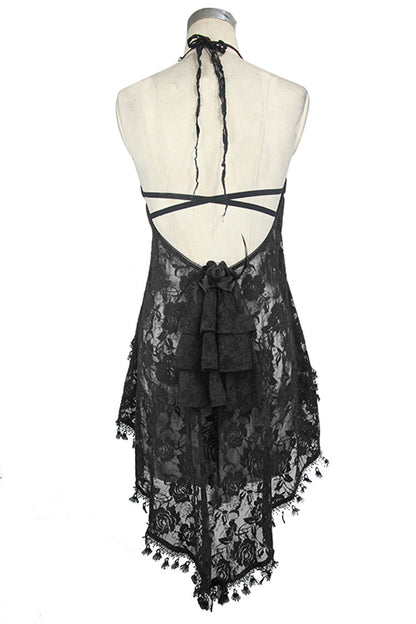 Black Frilly Tassel Hem Halter Lace Women's Gothic T-Shirt