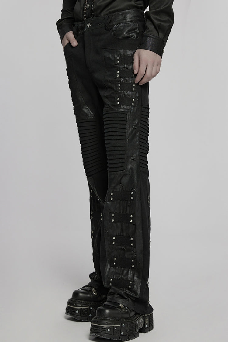 Black Pleated Faux Leather Stitching Men's Punk Straight Pants