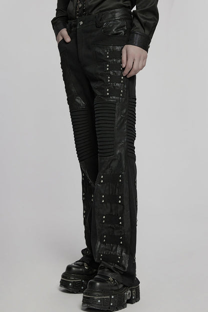 Black Pleated Faux Leather Stitching Men's Punk Straight Pants