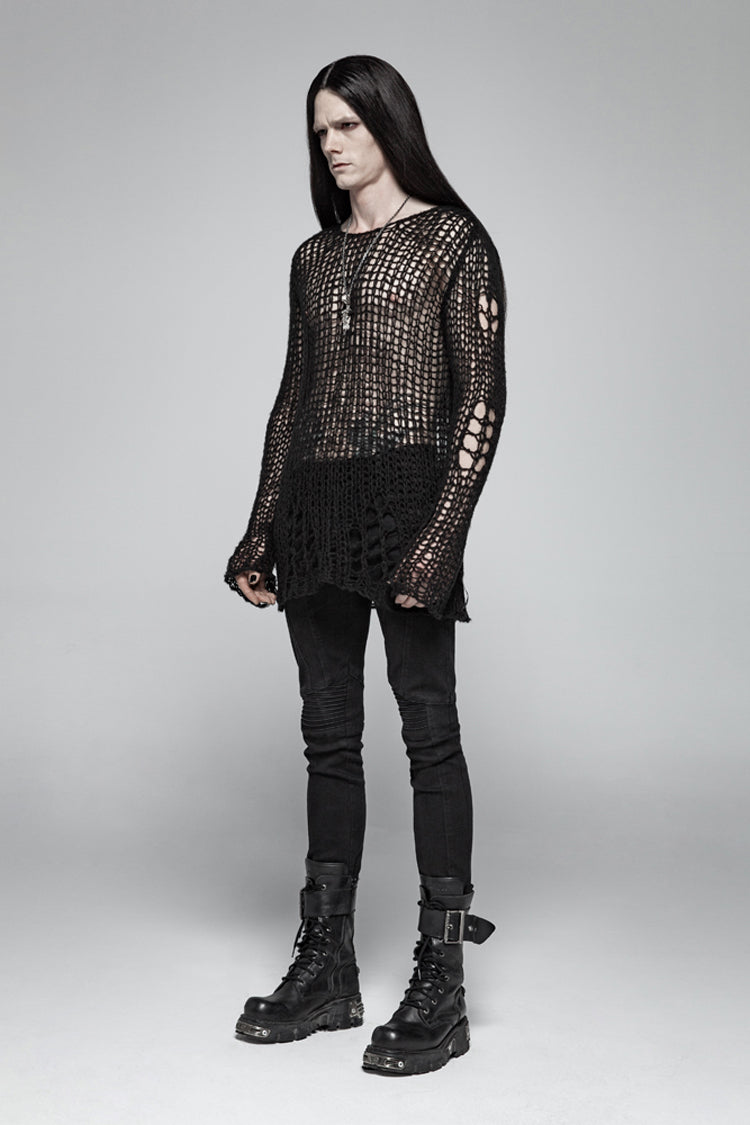 Black Casual Ripped Pullover Men's Steam Punk Sweater