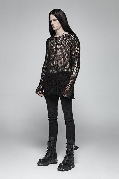 Black Casual Ripped Pullover Men's Steam Punk Sweater