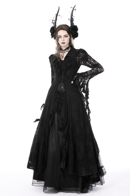Black Lapel Collar Long Sleeves Ruffled Irregular Lace Lace-Up Women's Gothic Jacket Dress
