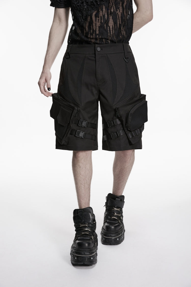 Black Buckled Men's Punk Cool Shorts with Big Pockets