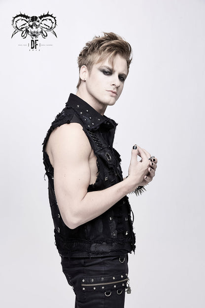 Black Heavy Metal Rivet Back Printed Coarse Twill Worn Out Men's Punk Waistcoat