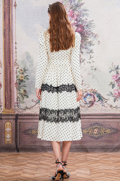Beige/Black Doll Collar Vintage Lace Patchwork Polka Dot Print Long Sleeves High Waisted Long Sweet Lolita OP Dress