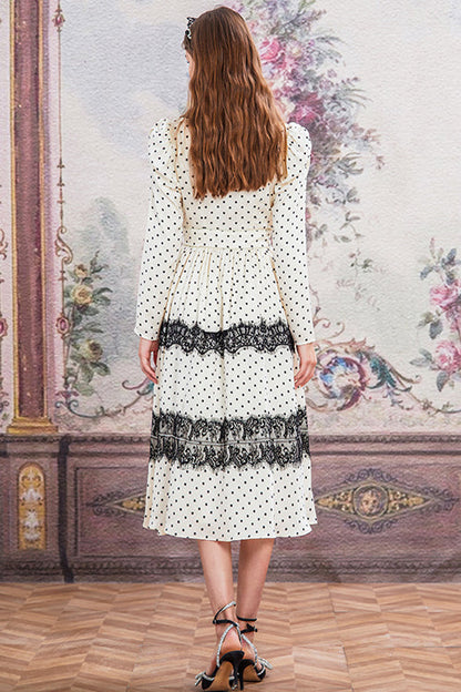 Beige/Black Doll Collar Vintage Lace Patchwork Polka Dot Print Long Sleeves High Waisted Long Sweet Lolita OP Dress