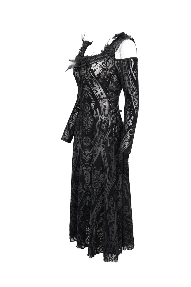Black Off Shoulder Ruffled Flocked Print Long Women's Gothic Dress