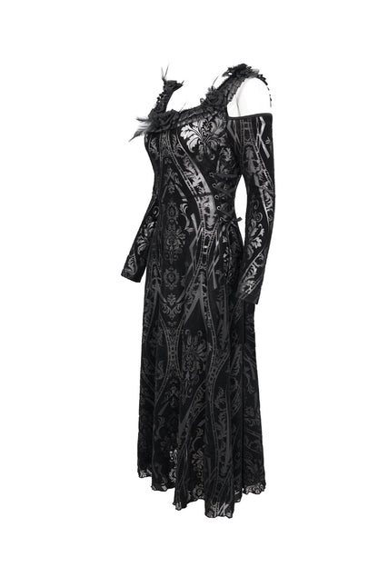 Black Off Shoulder Ruffled Flocked Print Long Women's Gothic Dress