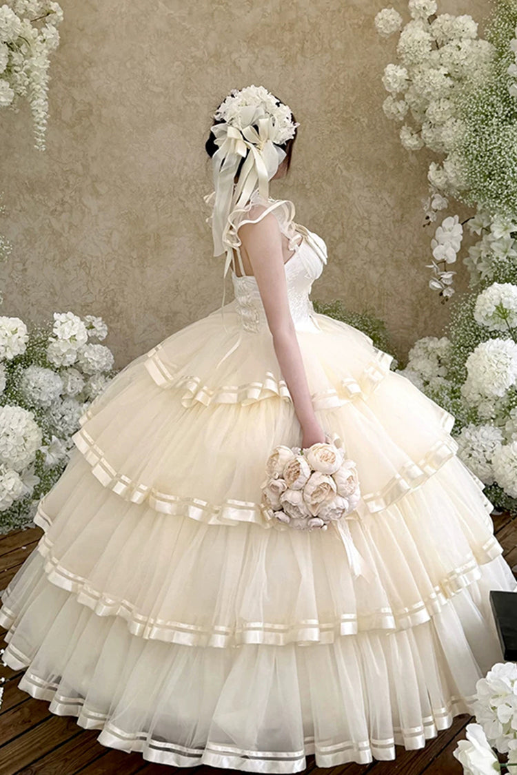Apricot [Sweet Organza Satin] Sleeveless Multi-Layered Ruffled Hanayome Bow Lace Sweet Elegant Princess Lolita Jsk Dress