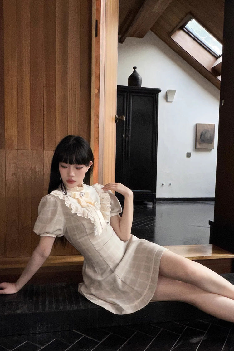 Apricot Short Sleeves Plaid Printed Lace Jirai Kei Japanese Dress