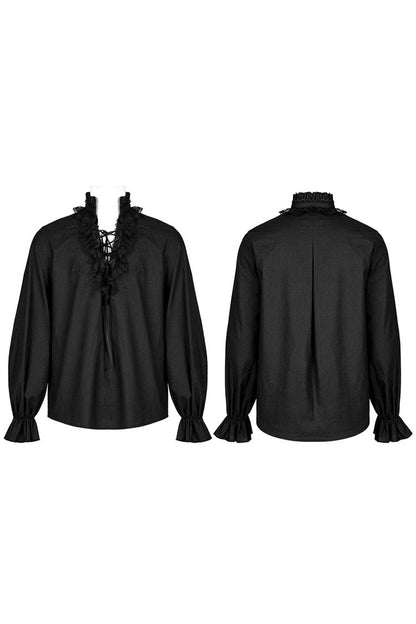 Black Gothic Pure Cotton No Elasticity Neckline Pleats Lace Ruffle Embroidery Tie Rope Design Men's Shirt