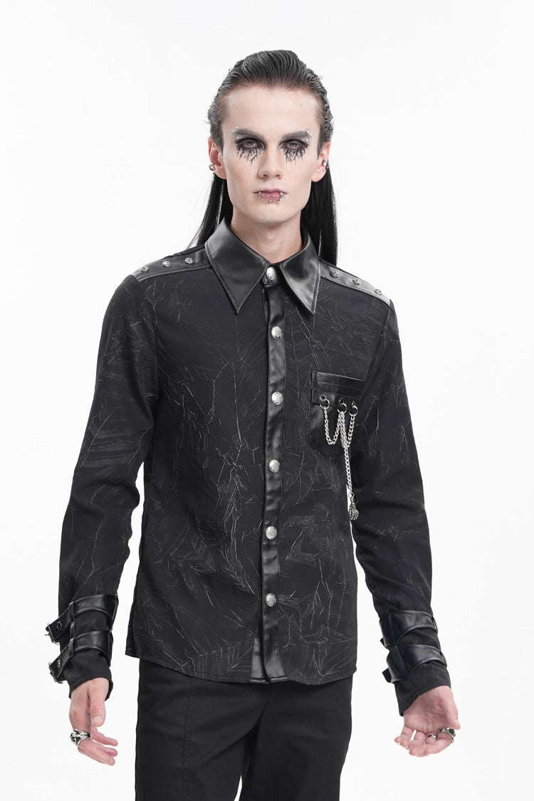 Black Lapel Collar Long Sleeves Buckle Chain Men's Gothic Blouse
