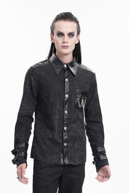 Black Lapel Collar Long Sleeves Buckle Chain Men's Gothic Blouse