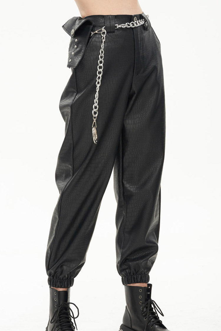 Black Gothic Crocodile Pattern Metal Chain Design Lantern Leather Women's Pants