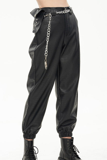 Black Gothic Crocodile Pattern Metal Chain Design Lantern Leather Women's Pants