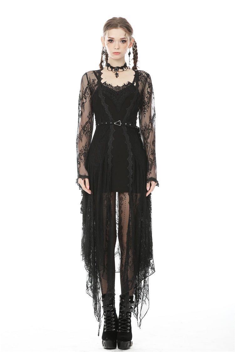 Black Long Trumpet Sleeves Sheer Floral Lace Women's Gothic Maxi Cloak with Belts