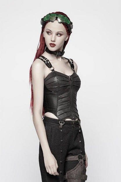 Black Faux Leather Strap Back Print Lace-Up Womens Steampunk Short Corset