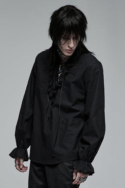Black Gothic Pure Cotton No Elasticity Neckline Pleats Lace Ruffle Embroidery Tie Rope Design Men's Shirt