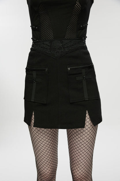 Black Embroidered Zippered Women's Punk Skull Embroidered Cool Big Pocket Skirt