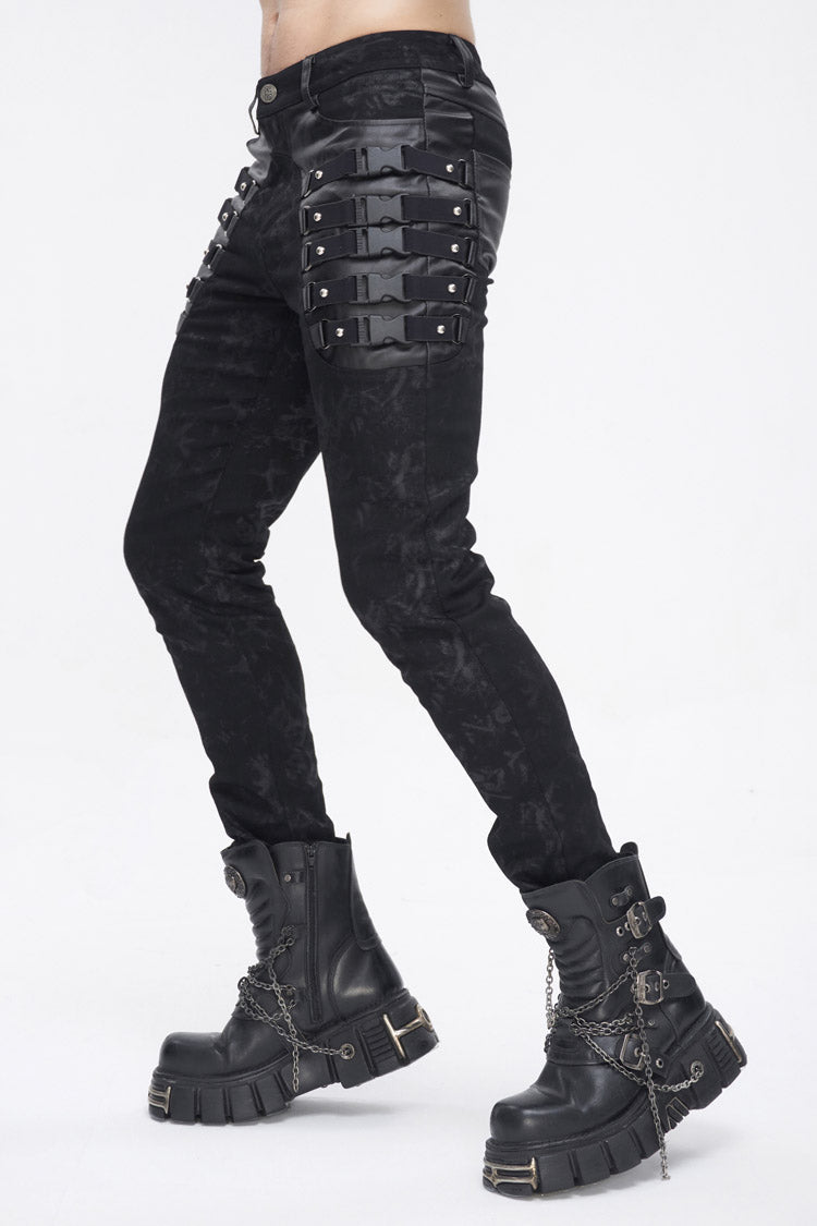Black Multi Buckle Distressed  Print Men's Punk Pants