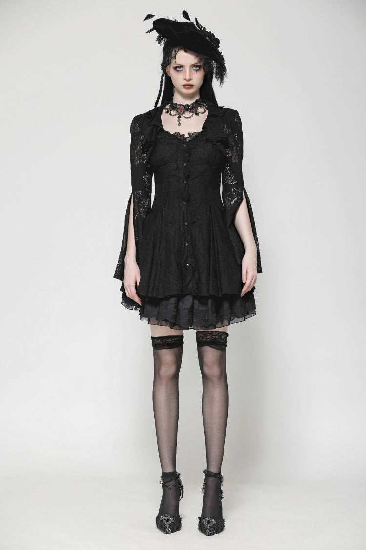 Black Long Trumpet Sleeves Embroidered Lace Lace-Up Women's Gothic Honeymoon Dress