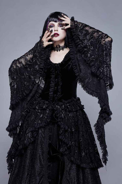 Black Metal Buckle Collar Front Chest Hollow-Out Flare Sleeve Lace Cuff Dress Hem Women's Gothic Coat