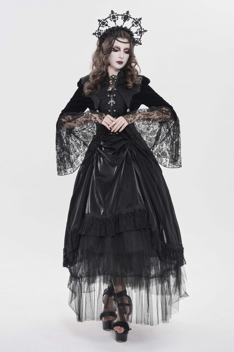 Black Long Trumpet Sleeves Embroidered Lace Slim Zippered Women's Gothic Bat Wing Collar Double-breasted Zip Jacket