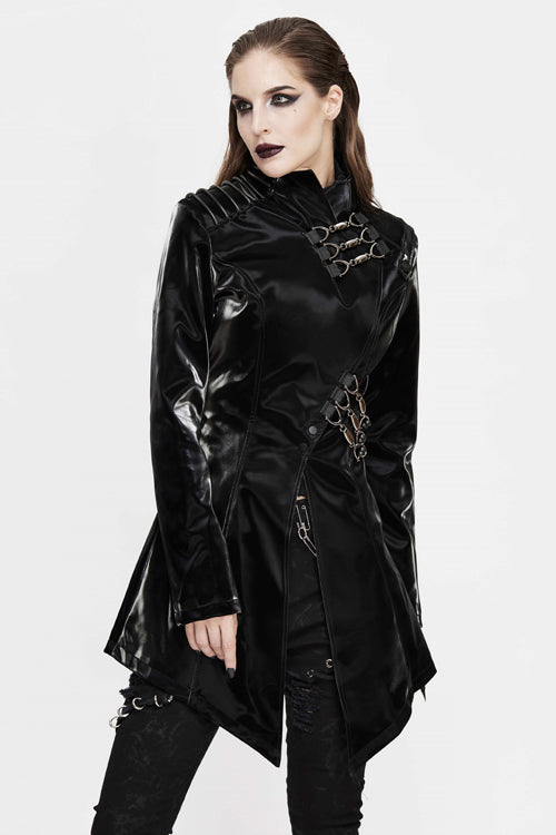 Black High Collar Slim Leather Womens Punk Coat