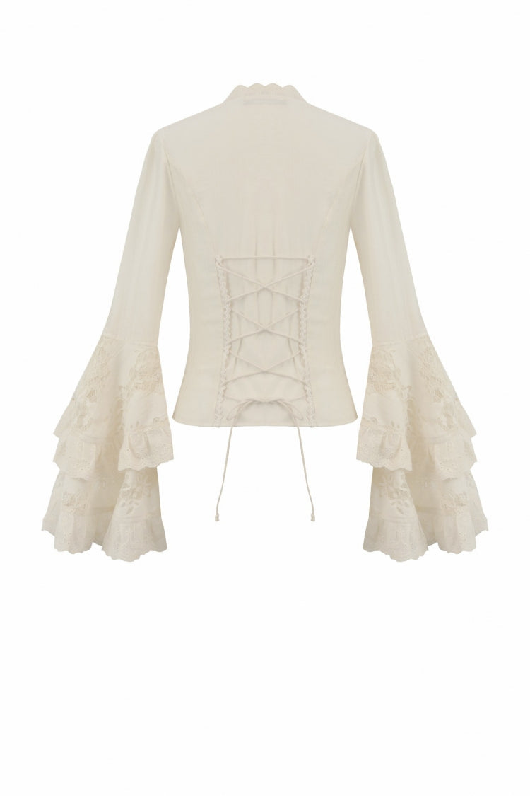 Beige V Collar Long Trumpet Sleeves Multi-Layered Lace-Up Women's Stempunk Blouse