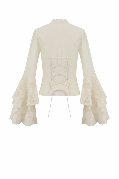 Beige V Collar Long Trumpet Sleeves Multi-Layered Lace-Up Women's Stempunk Blouse