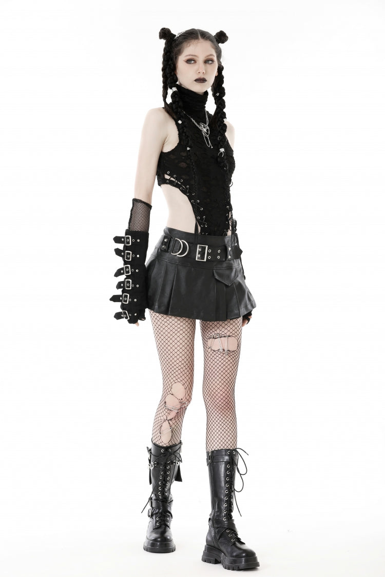 Black Faux Leather Metal Belt Buckled Pleated Women's Punk Mini Skirt