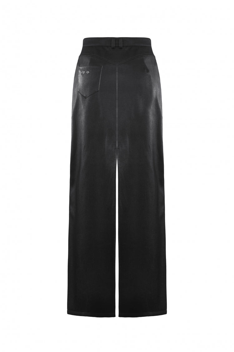 Black Leather Women's Punk Buckled Side Slit Irregular Hem Skirt