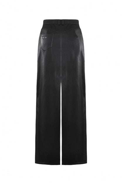 Black Leather Women's Punk Buckled Side Slit Irregular Hem Skirt