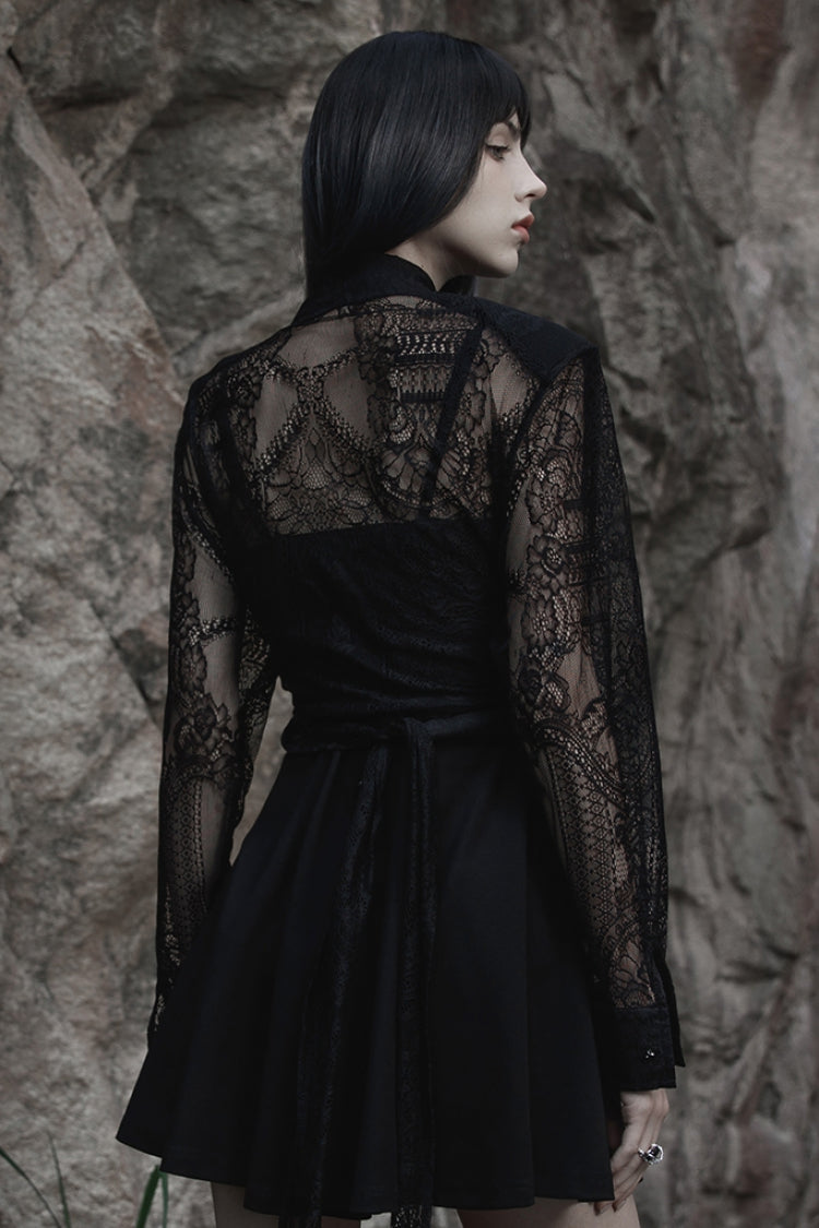 Black Long Sleeves Print Embroidery Lace Women's Gothic Shirt