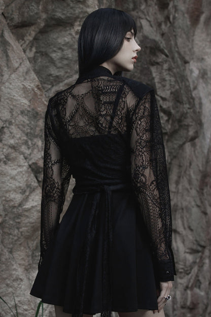 Black Long Sleeves Print Embroidery Lace Women's Gothic Shirt