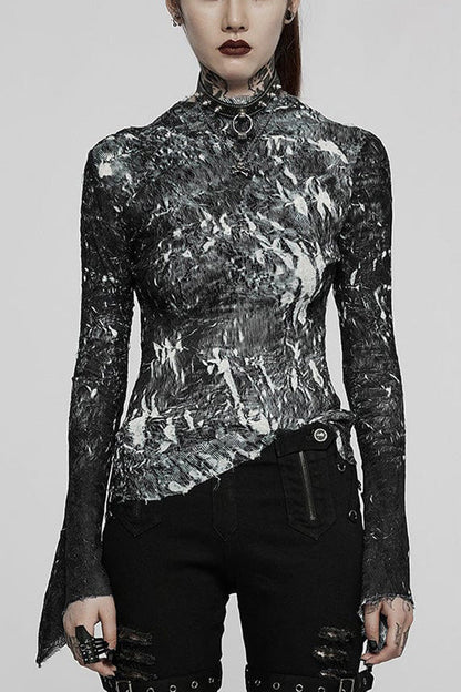 Black /White Punk Pleated Half Turtleneck Irregular Sexy Long Sleeve Lightweight Women's T-Shirt