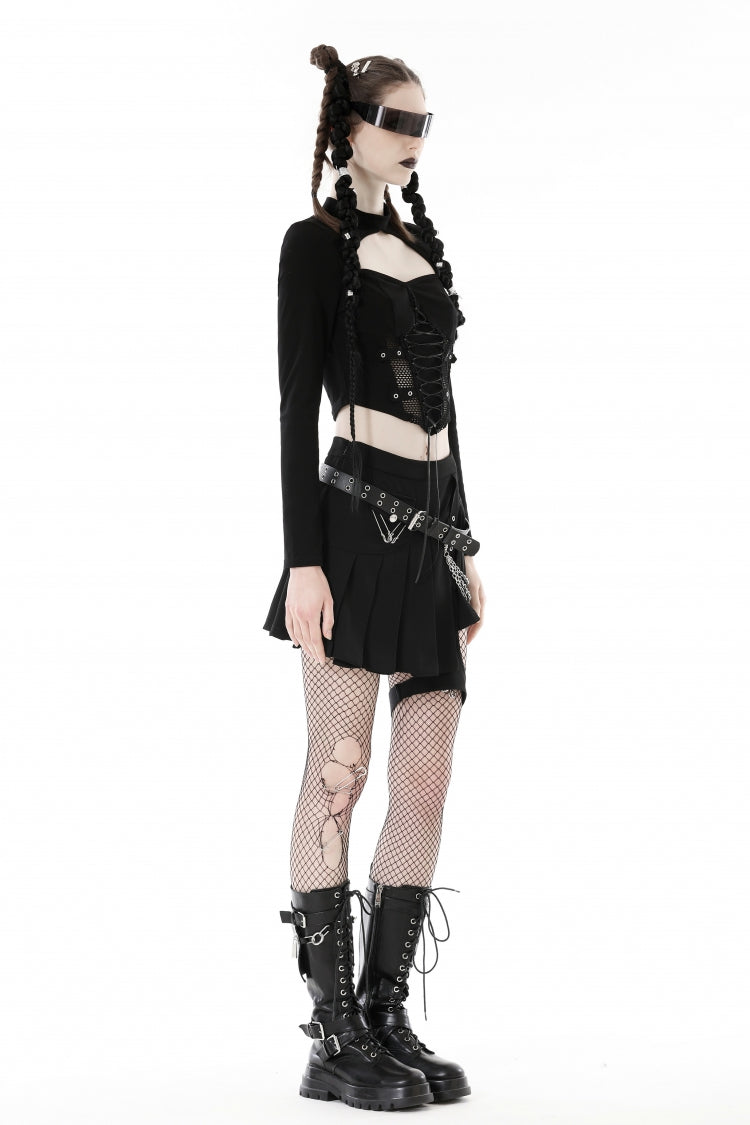 Black Long Sleeves Cut-Out Spliced Mesh Zippered Strappy Eyelet Women's Punk Crop Top