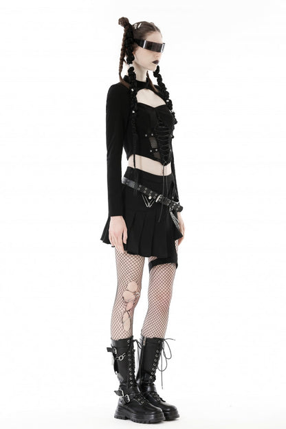 Black Long Sleeves Cut-Out Spliced Mesh Zippered Strappy Eyelet Women's Punk Crop Top